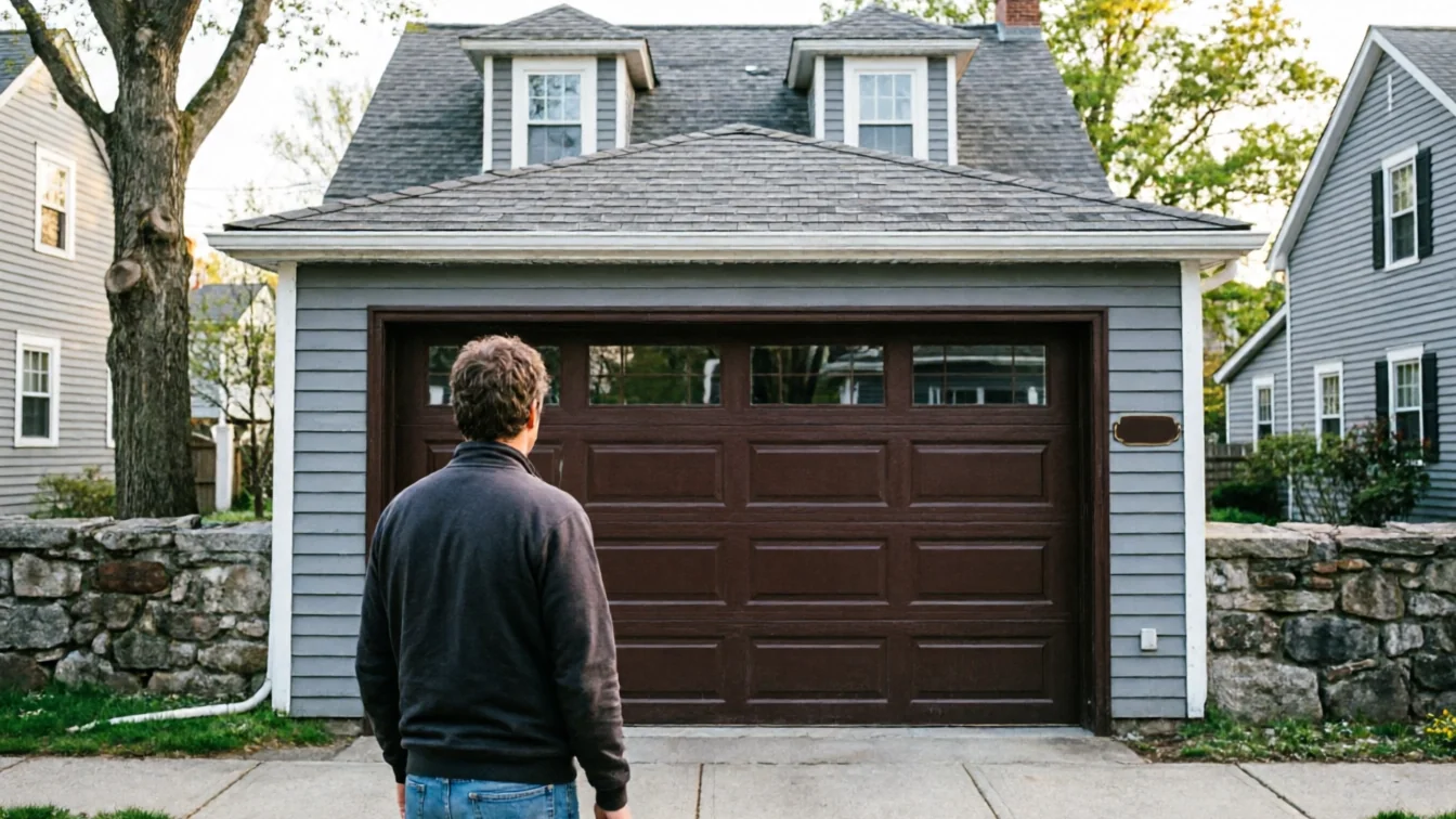 A man stands facing a brown garage door on a gray house.