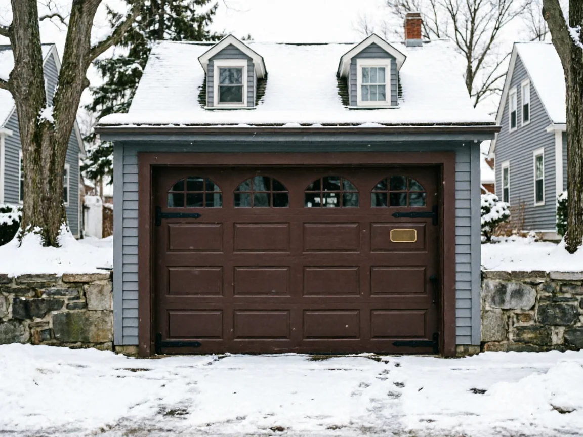 A brown garage door with windows is on a snow-covered building.