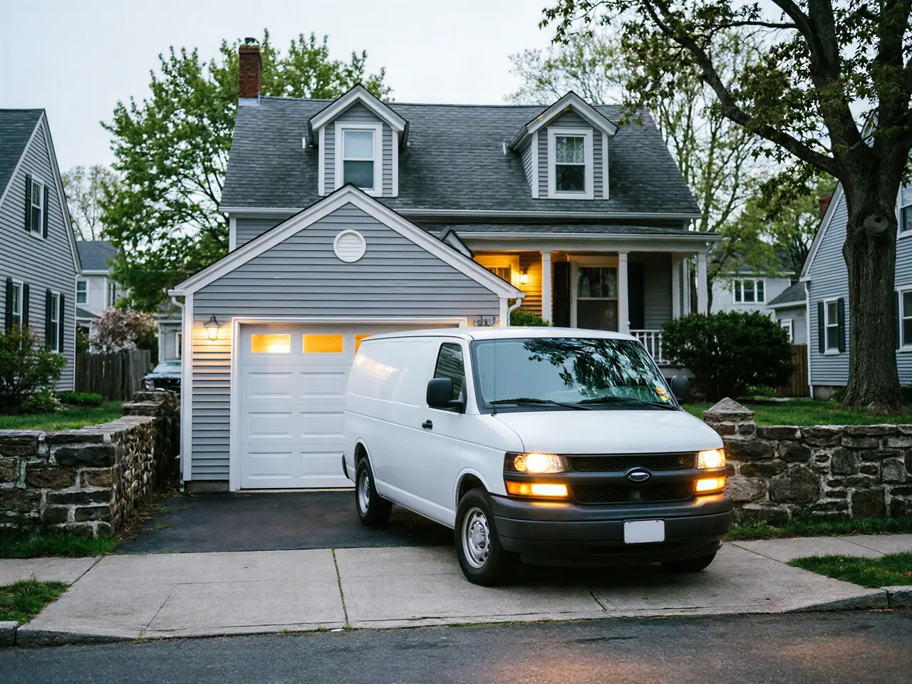 A white van is parked in a driveway in front of a house with a garage.