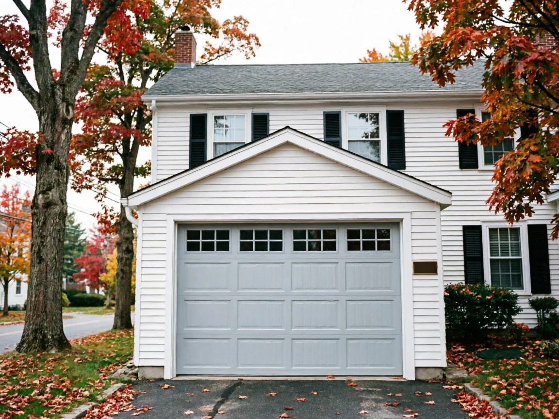 A white house with a light gray garage door and black shutters.