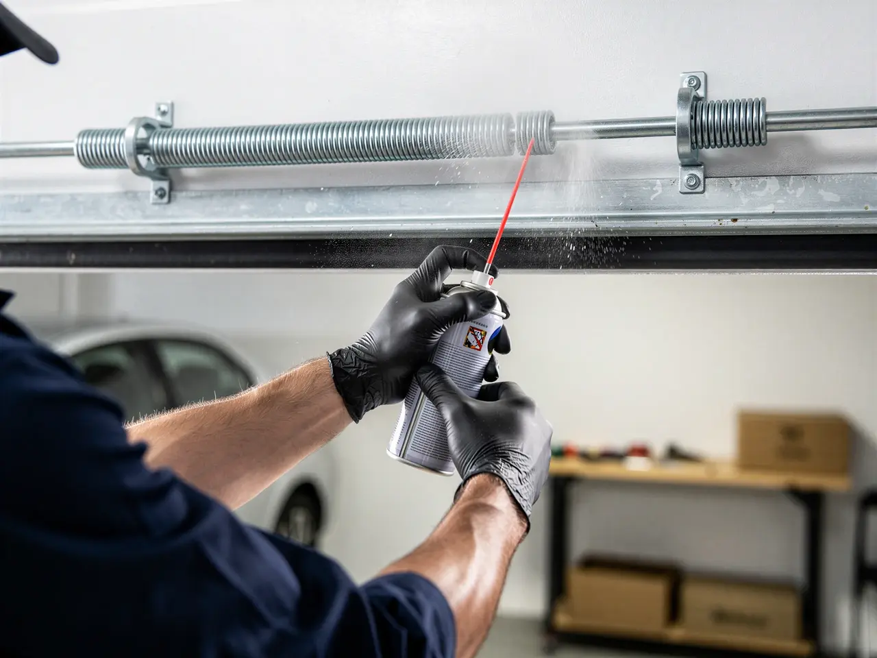 A technician lubricates a garage door torsion spring with spray from a can.