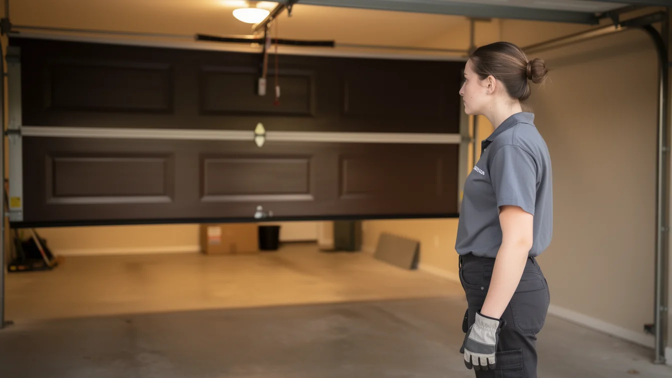 A technician stands in a garage looking at a brown garage door.