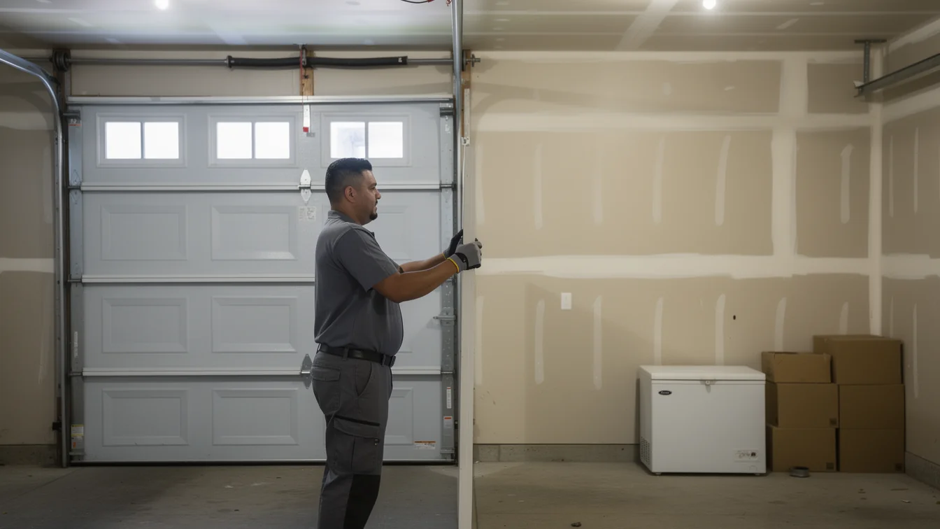 A technician in a gray uniform is installing a white garage door.