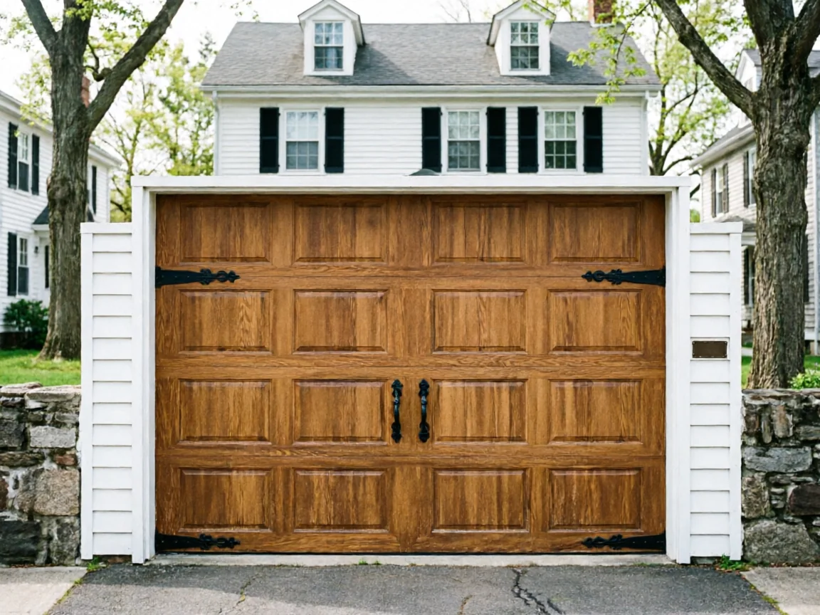 A brown wooden garage door with black hardware is set into a white frame.